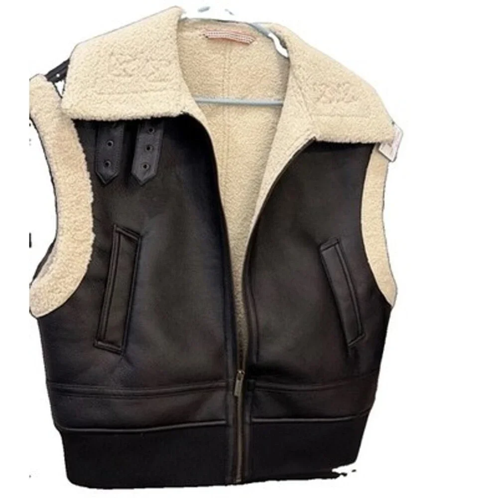Vegan Leather Sherpa Aviator B3 Bomber Gamulan Vest M Grunge 23”chest/24”L